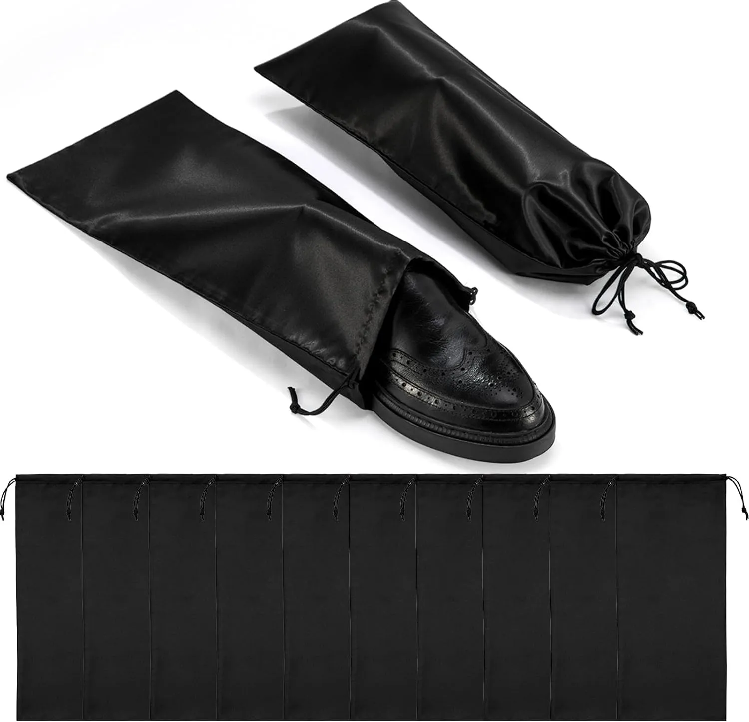 10 Pack Satin Shoe Bags with Drawstring for Travel, Reusable Single Shoe Pouch Dress Shoes Travel Bags Shoe Storage Bags for Protecting and Storing Shoes, Black