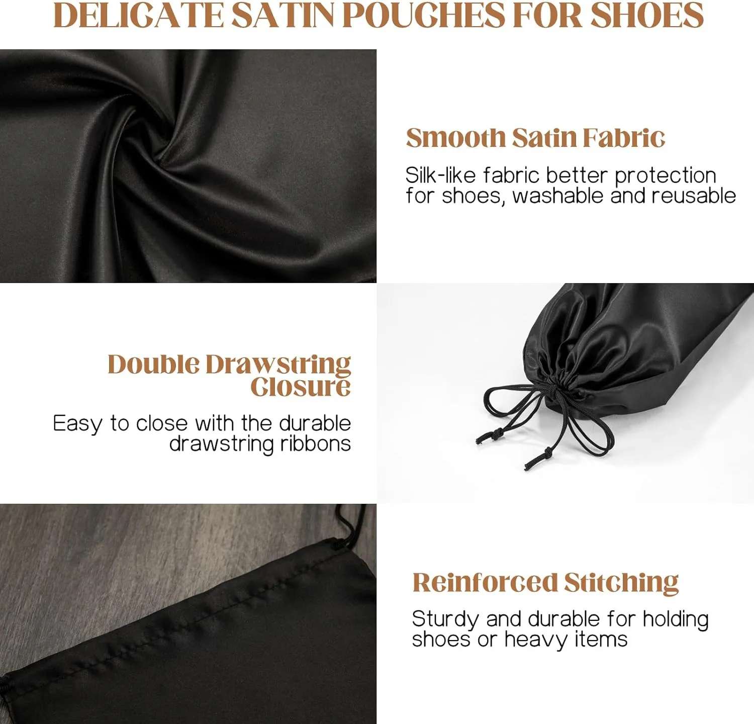 10 Pack Satin Shoe Bags with Drawstring for Travel, Reusable Single Shoe Pouch Dress Shoes Travel Bags Shoe Storage Bags for Protecting and Storing Shoes, Black