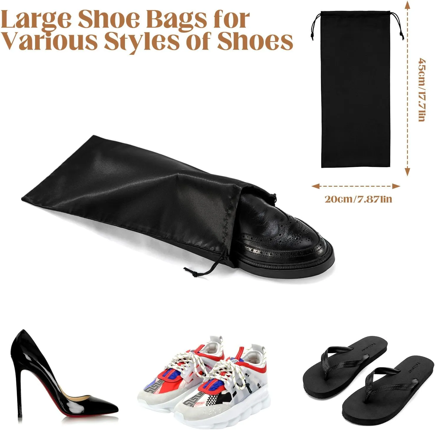 10 Pack Satin Shoe Bags with Drawstring for Travel, Reusable Single Shoe Pouch Dress Shoes Travel Bags Shoe Storage Bags for Protecting and Storing Shoes, Black