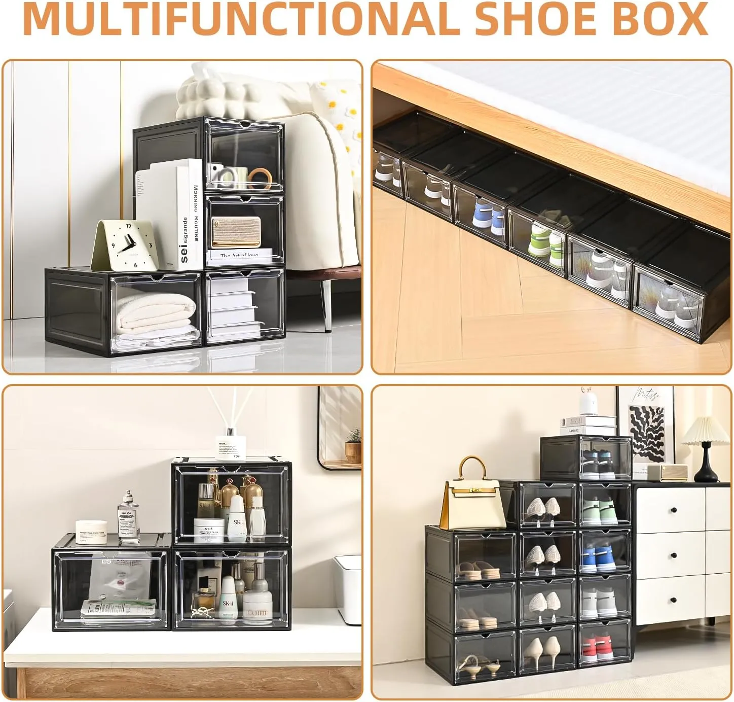 12 Pack Large Shoe Boxes Clear Plastic Stackable，Drop Front Shoe Box with Clear Door, Shoe Containers For Sneaker Display,Fit up to US Size12 (black clear, 12 pack)