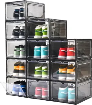 12 Pack Large Shoe Boxes Clear Plastic Stackable，Drop Front Shoe Box with Clear Door, Shoe Containers For Sneaker Display,Fit up to US Size12 (black clear, 12 pack)