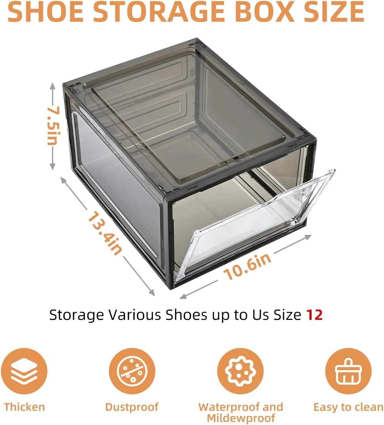 12 Pack Large Shoe Boxes Clear Plastic Stackable，Drop Front Shoe Box with Clear Door, Shoe Containers For Sneaker Display,Fit up to US Size12 (black clear, 12 pack)