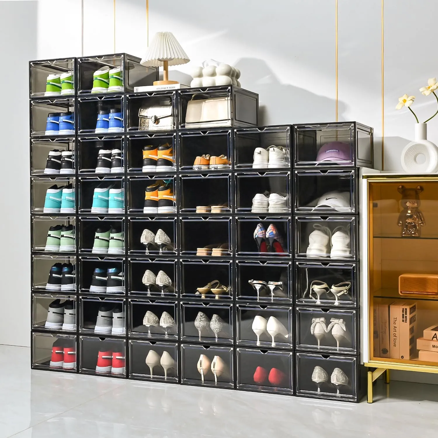 12 Pack Large Shoe Boxes Clear Plastic Stackable，Drop Front Shoe Box with Clear Door, Shoe Containers For Sneaker Display,Fit up to US Size12 (black clear, 12 pack)