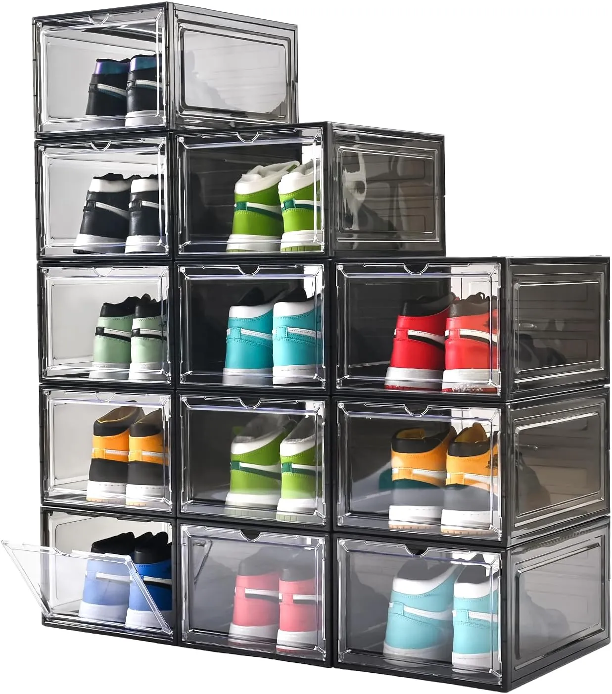 12 Pack Large Shoe Boxes Clear Plastic Stackable，Drop Front Shoe Box with Clear Door, Shoe Containers For Sneaker Display,Fit up to US Size12 (black clear, 12 pack)
