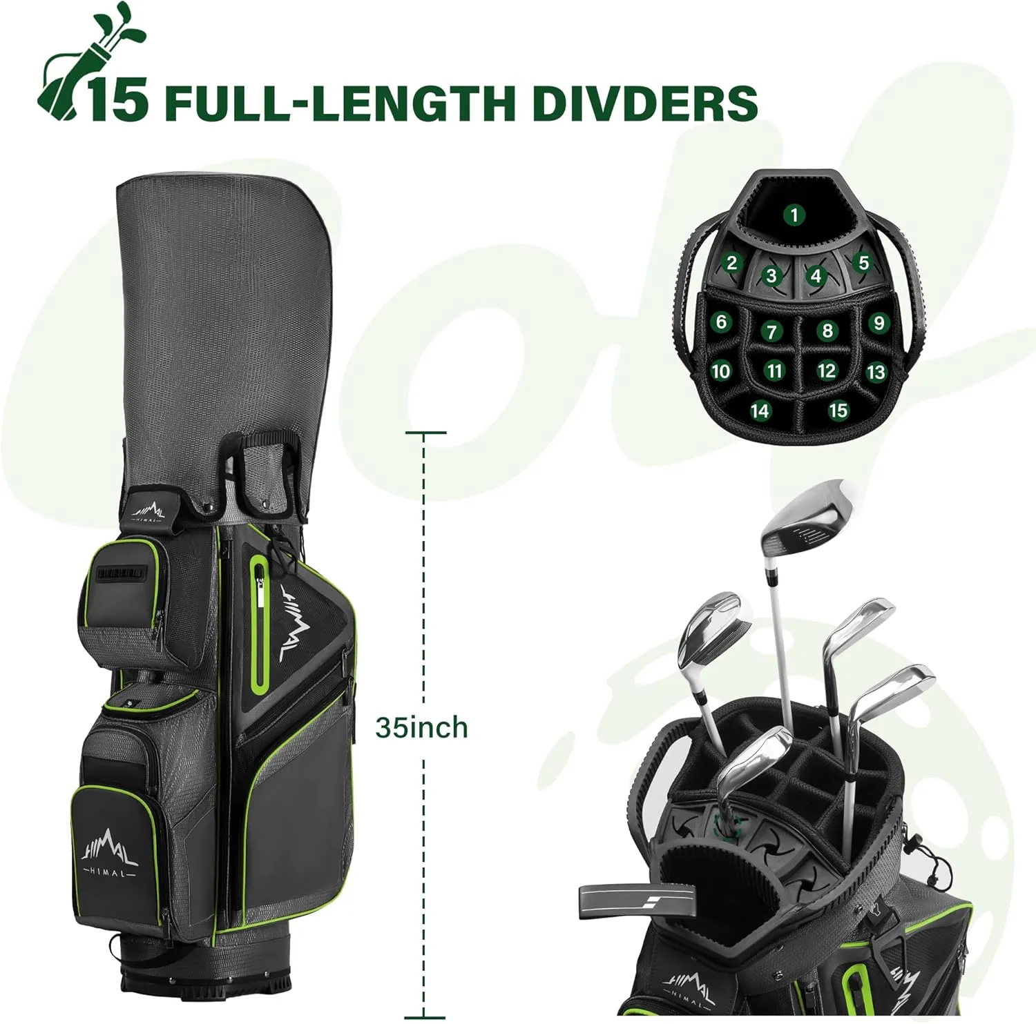 15-Way Golf Cart Bag, Premium Anti-Shake Divider Top Golf Bag with Comfortable Handles, Magnetic Pocket and Rain Cover