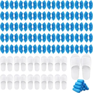 20 Pairs Disposable Slippers with 50 Pairs Shoe Covers Disposable, Disposable Slippers for Guests, Non Slip Open Toe Comfortable Cotton Disposable Spa Slippers for Guests, Hotels, Home Party