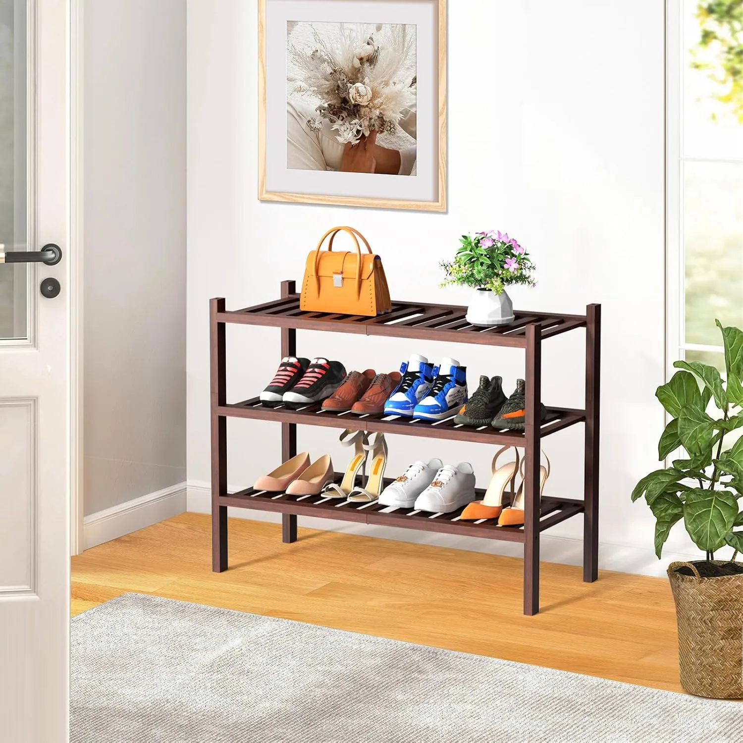 3 Tier Bamboo Shoe Rack for Closet Free Standing Wood Shoe Shelf Storage Organizer for Entryway Small Space Stackable, Brown