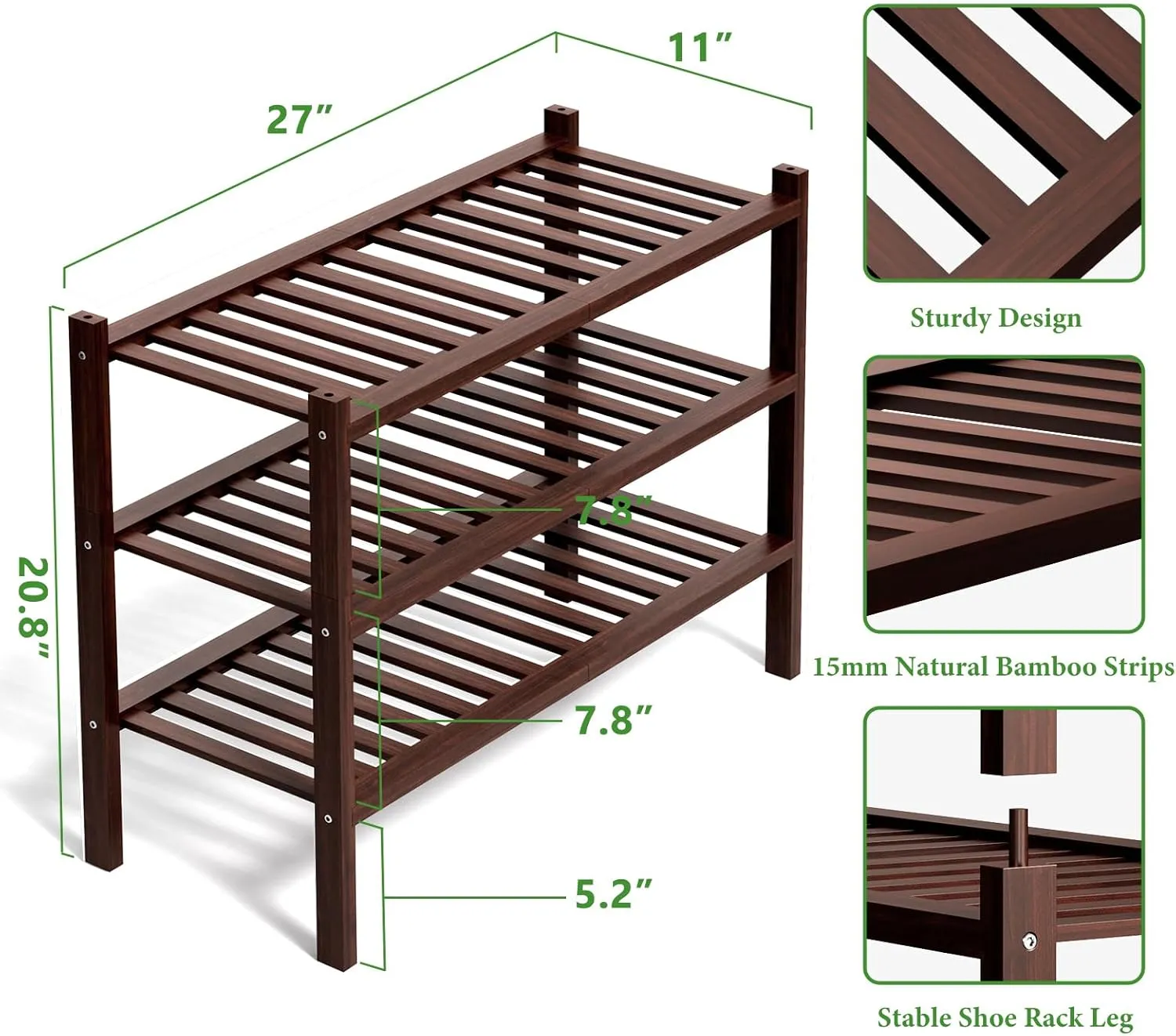 3 Tier Bamboo Shoe Rack for Closet Free Standing Wood Shoe Shelf Storage Organizer for Entryway Small Space Stackable, Brown
