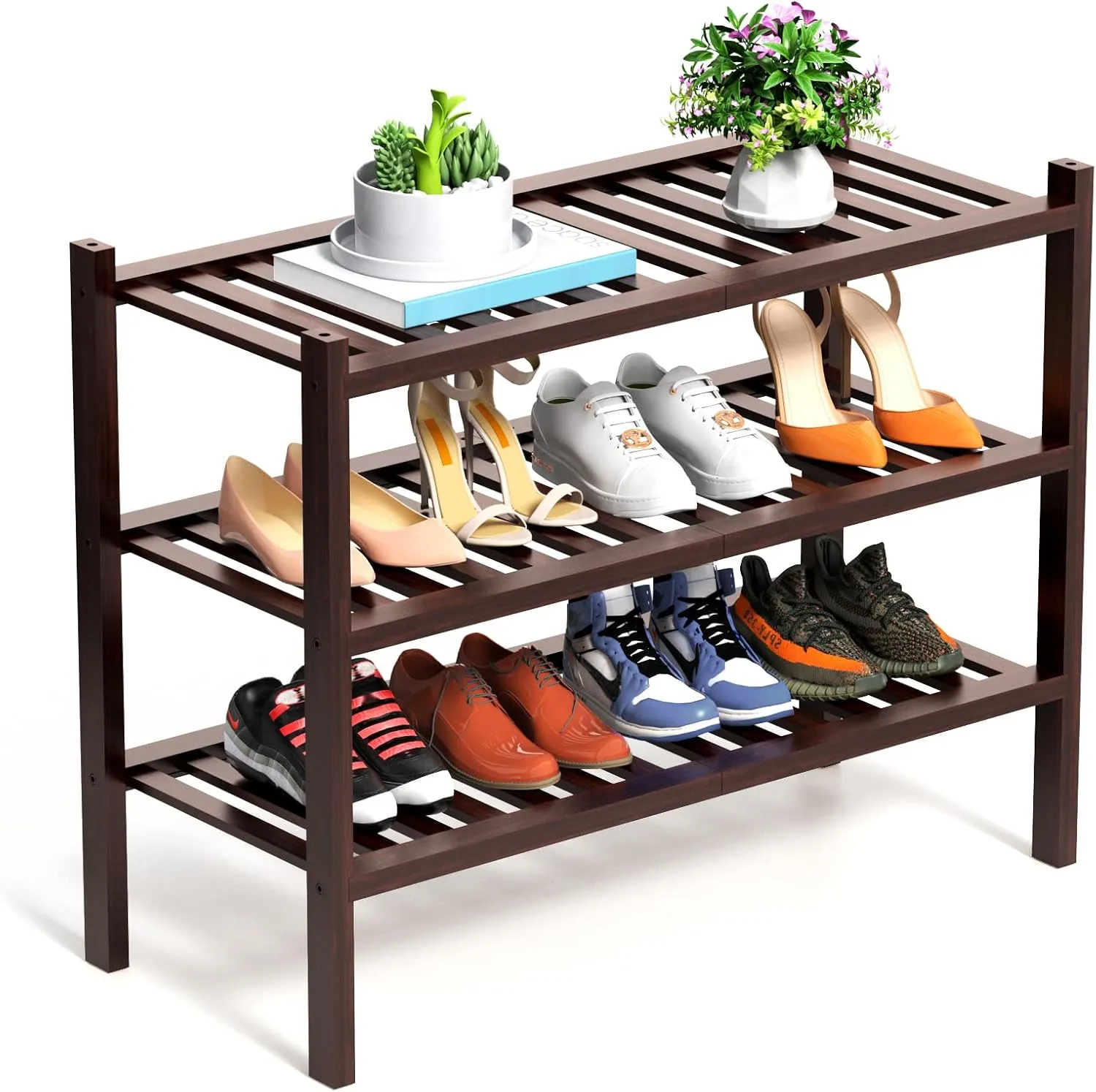 3 Tier Bamboo Shoe Rack for Closet Free Standing Wood Shoe Shelf Storage Organizer for Entryway Small Space Stackable, Brown