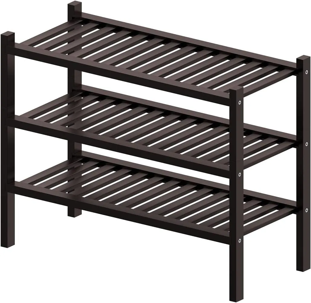 3 Tier Bamboo Shoe Rack for Closet Free Standing Wood Shoe Shelf Storage Organizer for Entryway Small Space Stackable, Brown