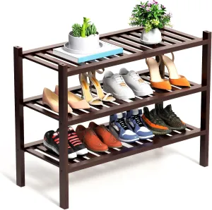 3 Tier Bamboo Shoe Rack for Closet Free Standing Wood Shoe Shelf Storage Organizer for Entryway Small Space Stackable, Brown