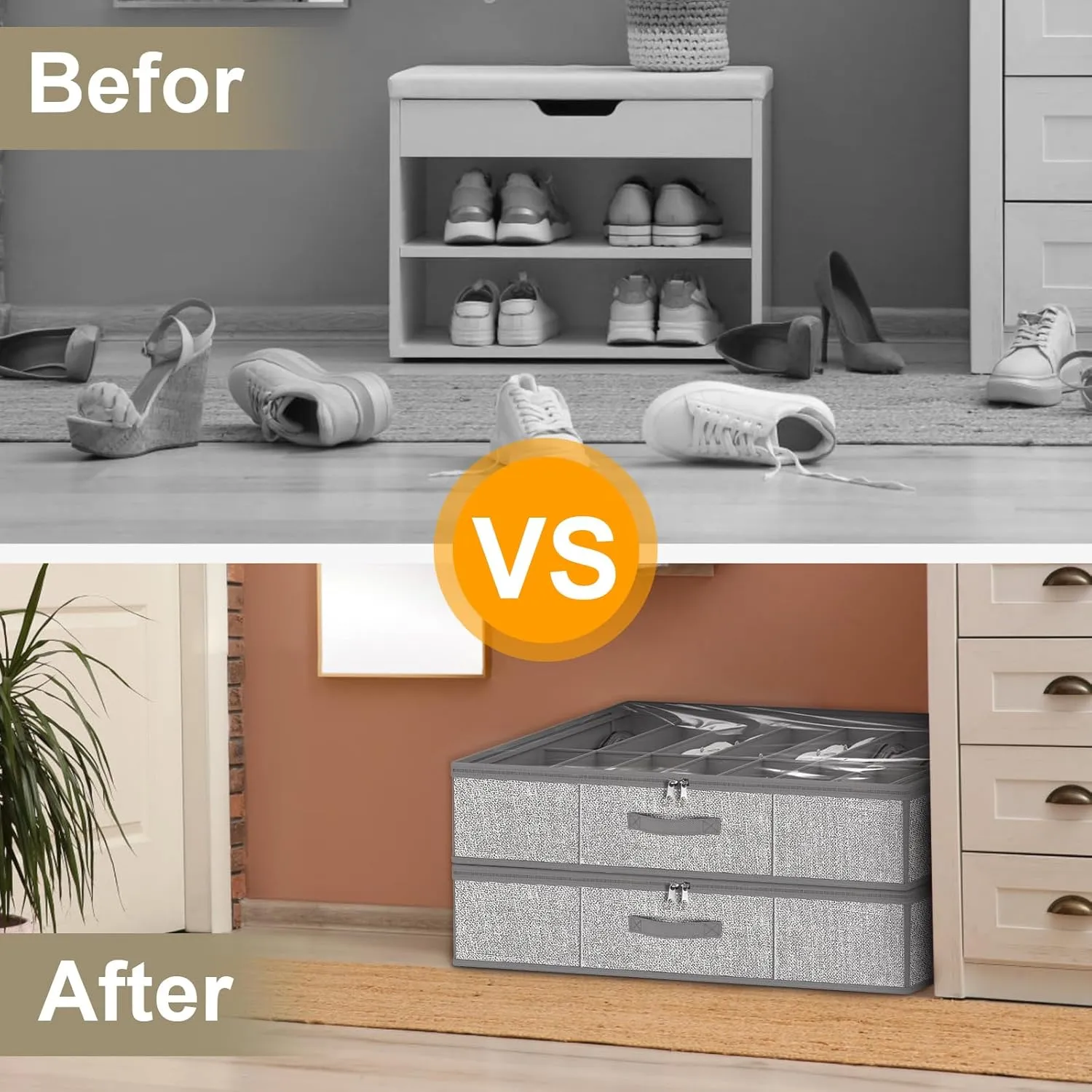 32 Pairs Shoe Organizer Under Bed, Underbed Shoe Storage Boxes Bins, Organizador De Zapatos, Extra Large Zapateras Organizer, Grey, Set of 2
