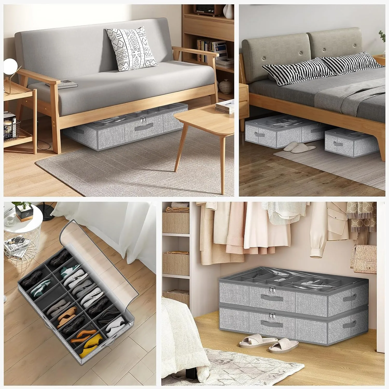 32 Pairs Shoe Organizer Under Bed, Underbed Shoe Storage Boxes Bins, Organizador De Zapatos, Extra Large Zapateras Organizer, Grey, Set of 2