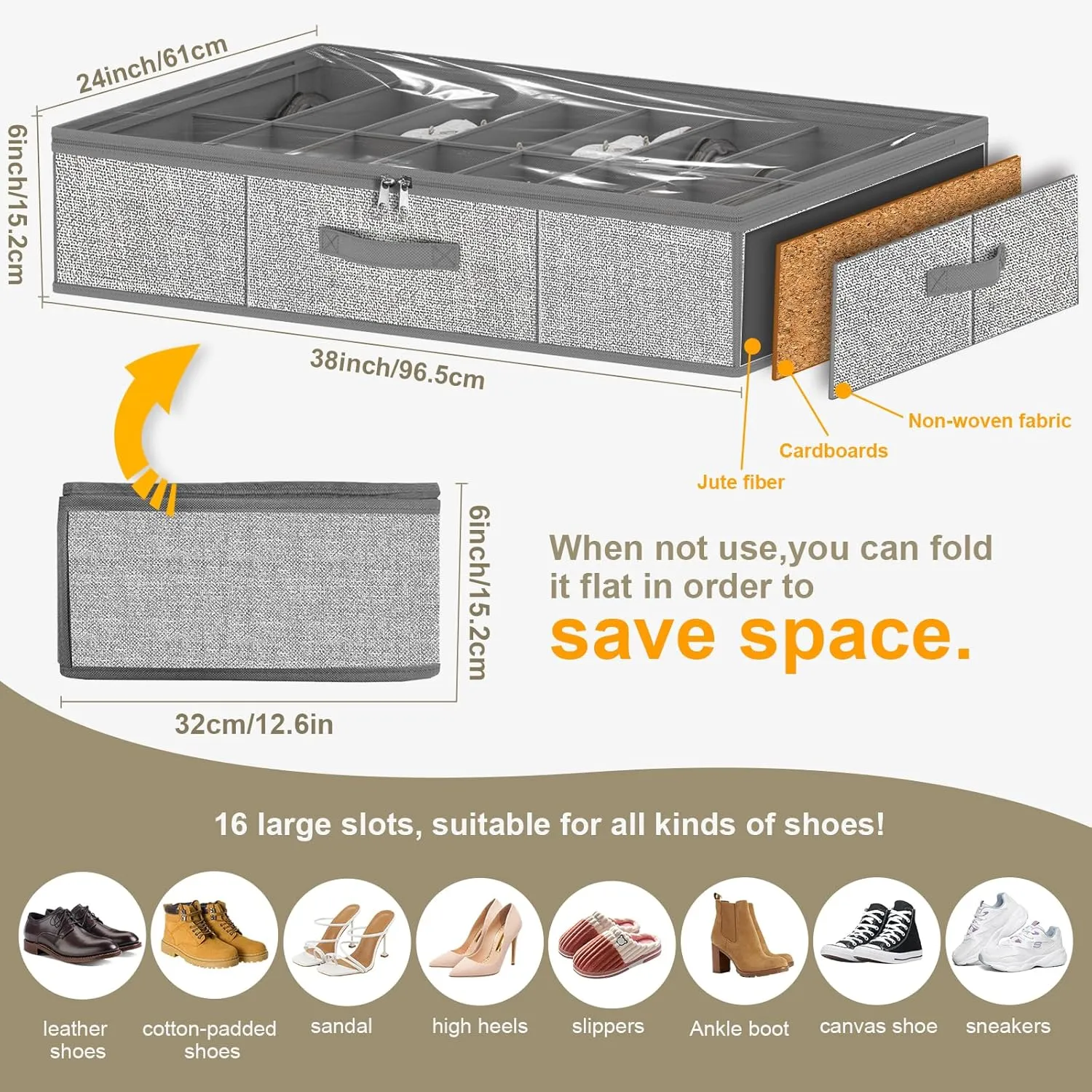 32 Pairs Shoe Organizer Under Bed, Underbed Shoe Storage Boxes Bins, Organizador De Zapatos, Extra Large Zapateras Organizer, Grey, Set of 2