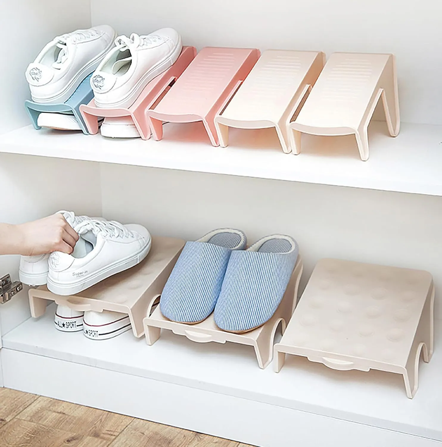 4 Pcs Shoe Slots Organizer Shoe Organizer Space Saver Non-Slip Double Layer Shoe Stacker for Closet Shoe Shelf Shoe Stack (Green, M)