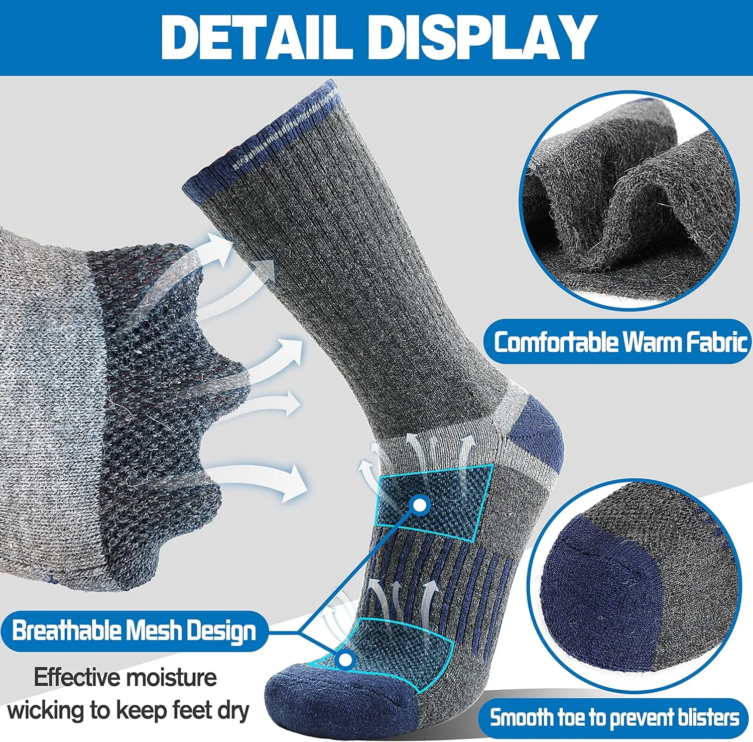 5 Pairs Merino Wool Hiking Socks Warm Thermal Winter Cozy Cushioned Moisture Wicking Socks for Women & Men