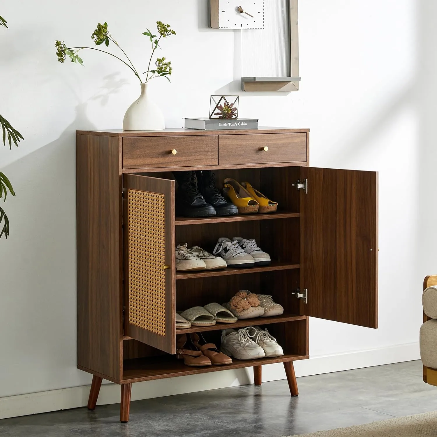 5 Tier Shoe Cabinet Storage with Doors and Drawer, Farmhouse Boho Wood Shoe Storage Organizer Cabinet for Open Shelf, Modern Shoe Rack Cabinet for Entryway Hallway Living Room, Walnut
