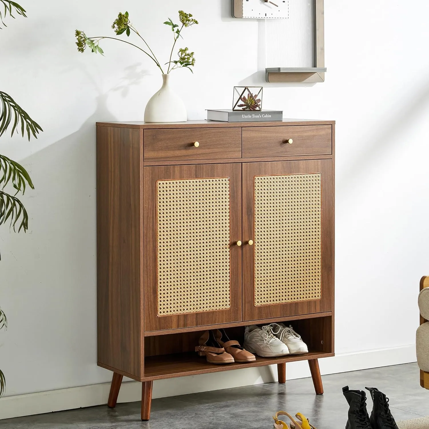 5 Tier Shoe Cabinet Storage with Doors and Drawer, Farmhouse Boho Wood Shoe Storage Organizer Cabinet for Open Shelf, Modern Shoe Rack Cabinet for Entryway Hallway Living Room, Walnut
