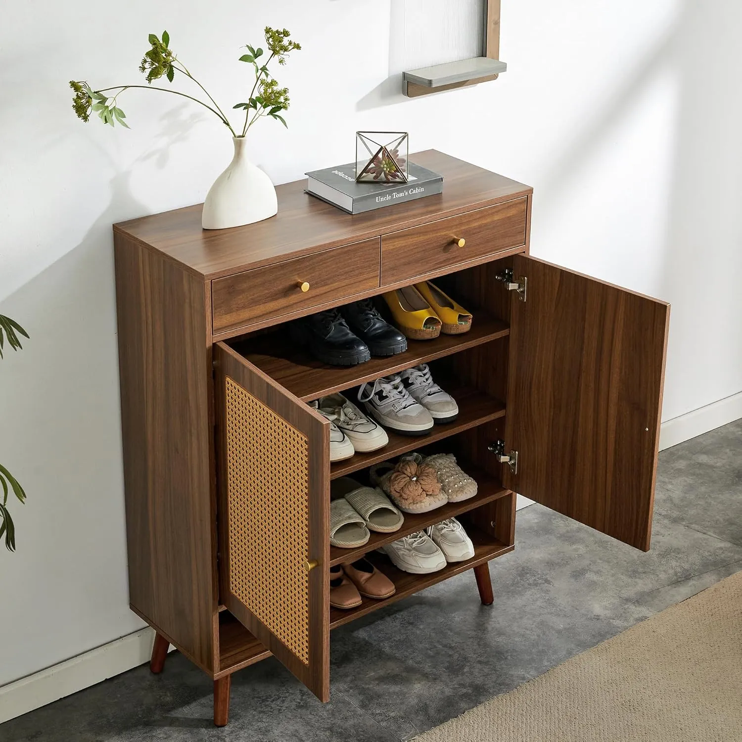 5 Tier Shoe Cabinet Storage with Doors and Drawer, Farmhouse Boho Wood Shoe Storage Organizer Cabinet for Open Shelf, Modern Shoe Rack Cabinet for Entryway Hallway Living Room, Walnut