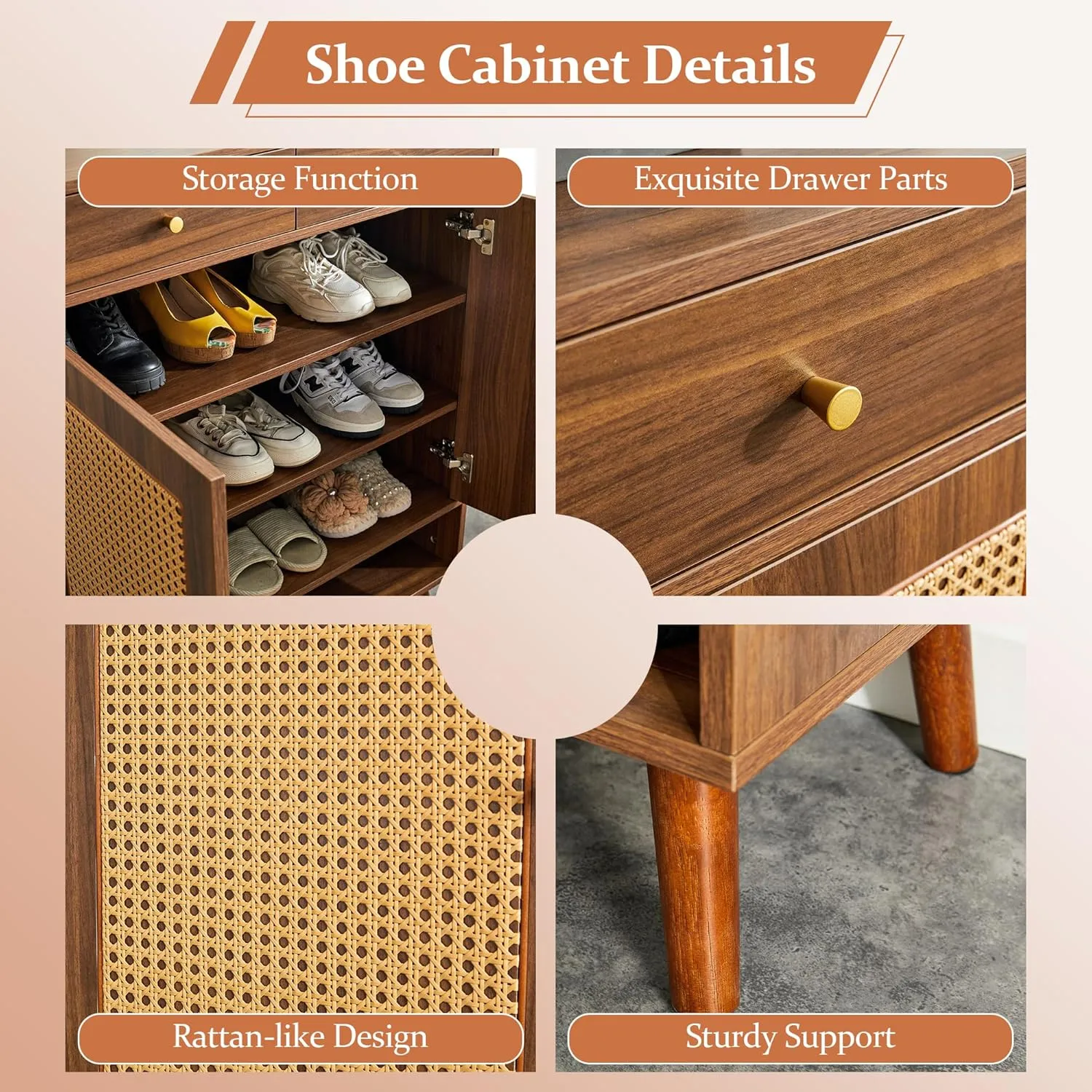 5 Tier Shoe Cabinet Storage with Doors and Drawer, Farmhouse Boho Wood Shoe Storage Organizer Cabinet for Open Shelf, Modern Shoe Rack Cabinet for Entryway Hallway Living Room, Walnut