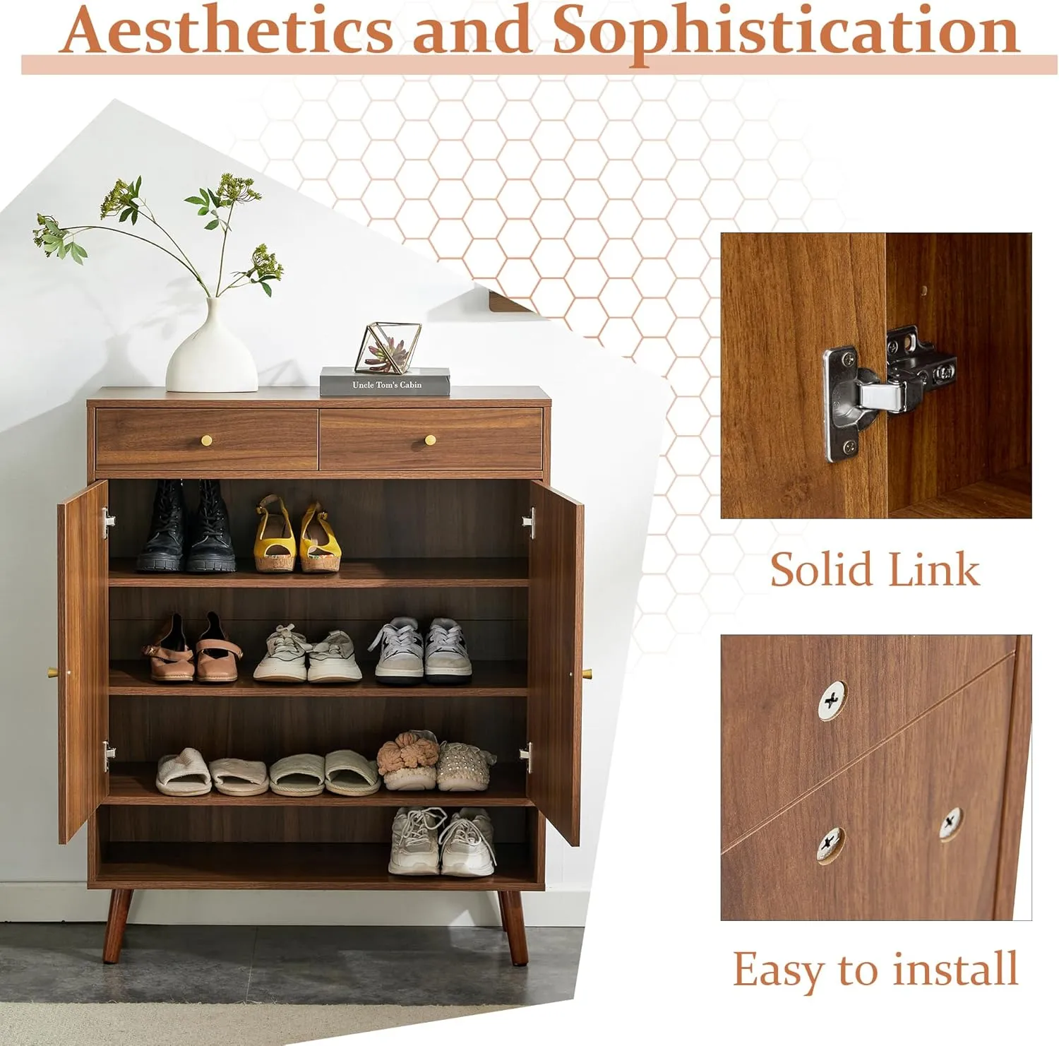 5 Tier Shoe Cabinet Storage with Doors and Drawer, Farmhouse Boho Wood Shoe Storage Organizer Cabinet for Open Shelf, Modern Shoe Rack Cabinet for Entryway Hallway Living Room, Walnut