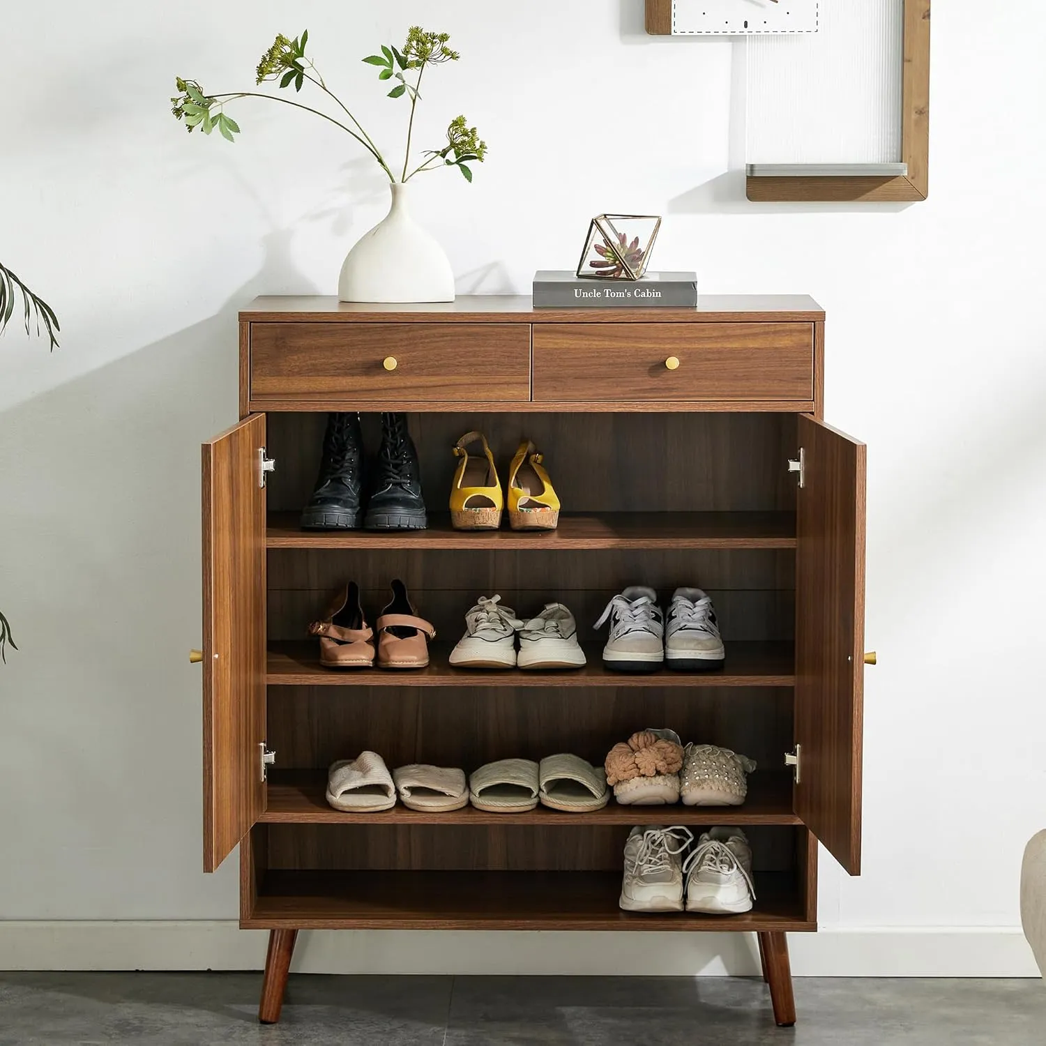 5 Tier Shoe Cabinet Storage with Doors and Drawer, Farmhouse Boho Wood Shoe Storage Organizer Cabinet for Open Shelf, Modern Shoe Rack Cabinet for Entryway Hallway Living Room, Walnut