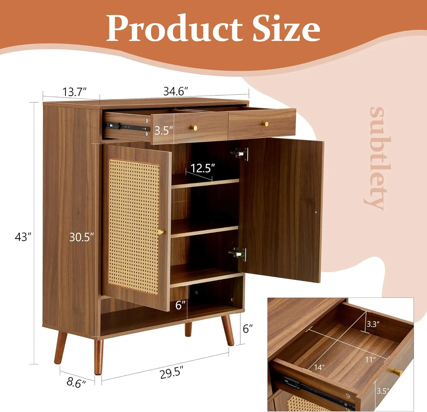 5 Tier Shoe Cabinet Storage with Doors and Drawer, Farmhouse Boho Wood Shoe Storage Organizer Cabinet for Open Shelf, Modern Shoe Rack Cabinet for Entryway Hallway Living Room, Walnut