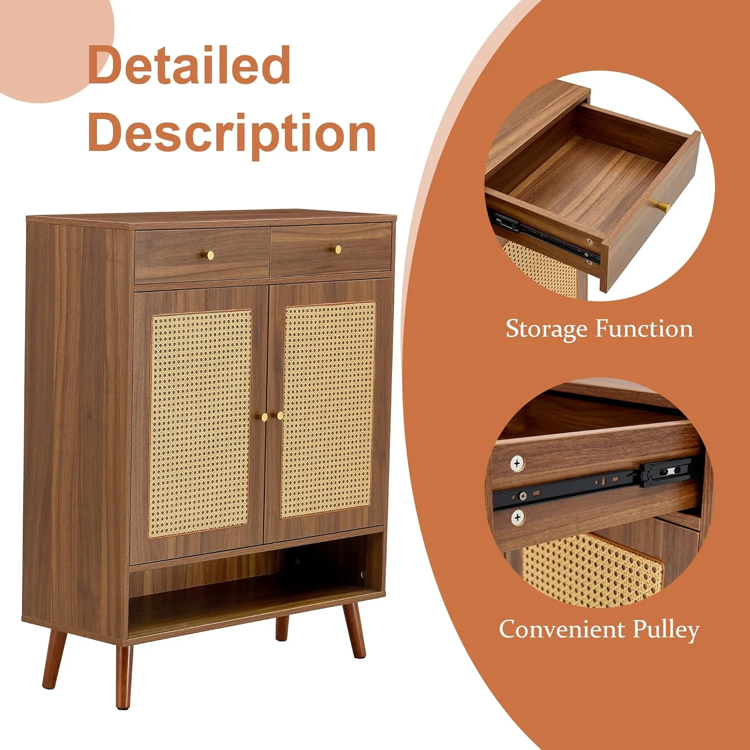 5 Tier Shoe Cabinet Storage with Doors and Drawer, Farmhouse Boho Wood Shoe Storage Organizer Cabinet for Open Shelf, Modern Shoe Rack Cabinet for Entryway Hallway Living Room, Walnut