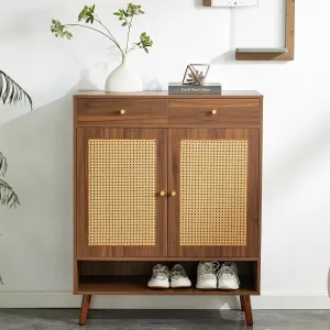 5 Tier Shoe Cabinet Storage with Doors and Drawer, Farmhouse Boho Wood Shoe Storage Organizer Cabinet for Open Shelf, Modern Shoe Rack Cabinet for Entryway Hallway Living Room, Walnut