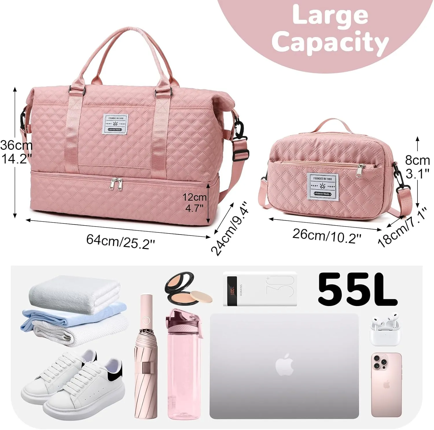 55L Large Women Travel Duffle Bag, Carry on Overnight Bag Weekend Travel Duffel Tote Bag with Wet Pocket Toiletry for Trips Sport Hospital, Pink