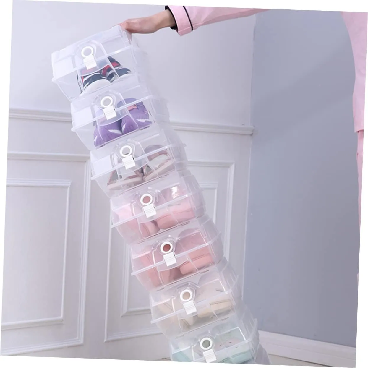 6PCS Box Large Transparent Plastic Shoe Storage Box Thickened Design for Men and Women Stackable Organizer for Easy Access and Space Saving White