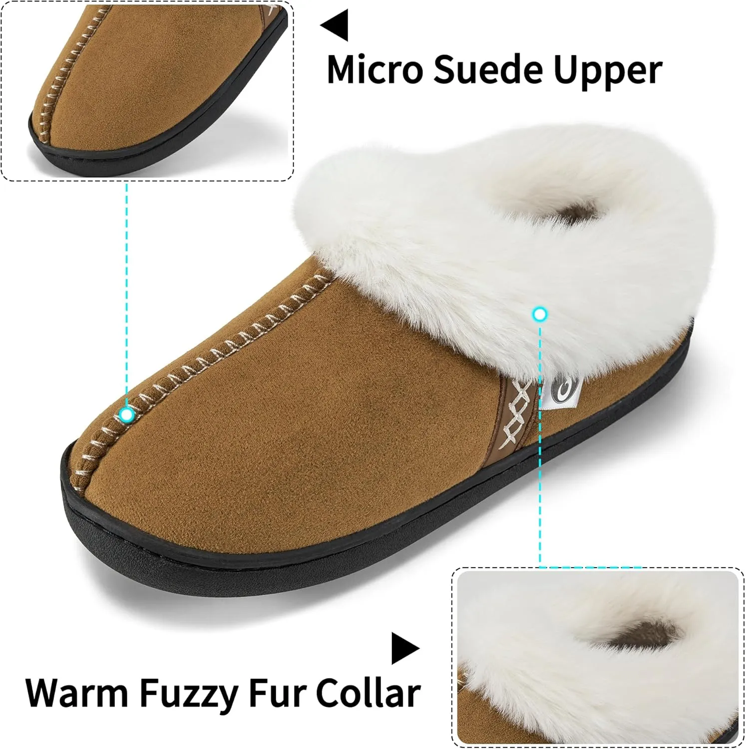 Ablanczoom Slippers for Women House Shoes: Comfy Memory Foam Slippers with Fuzzy Faux Fur Collar Non-skid Rubber Sole Indoor/Outdoor