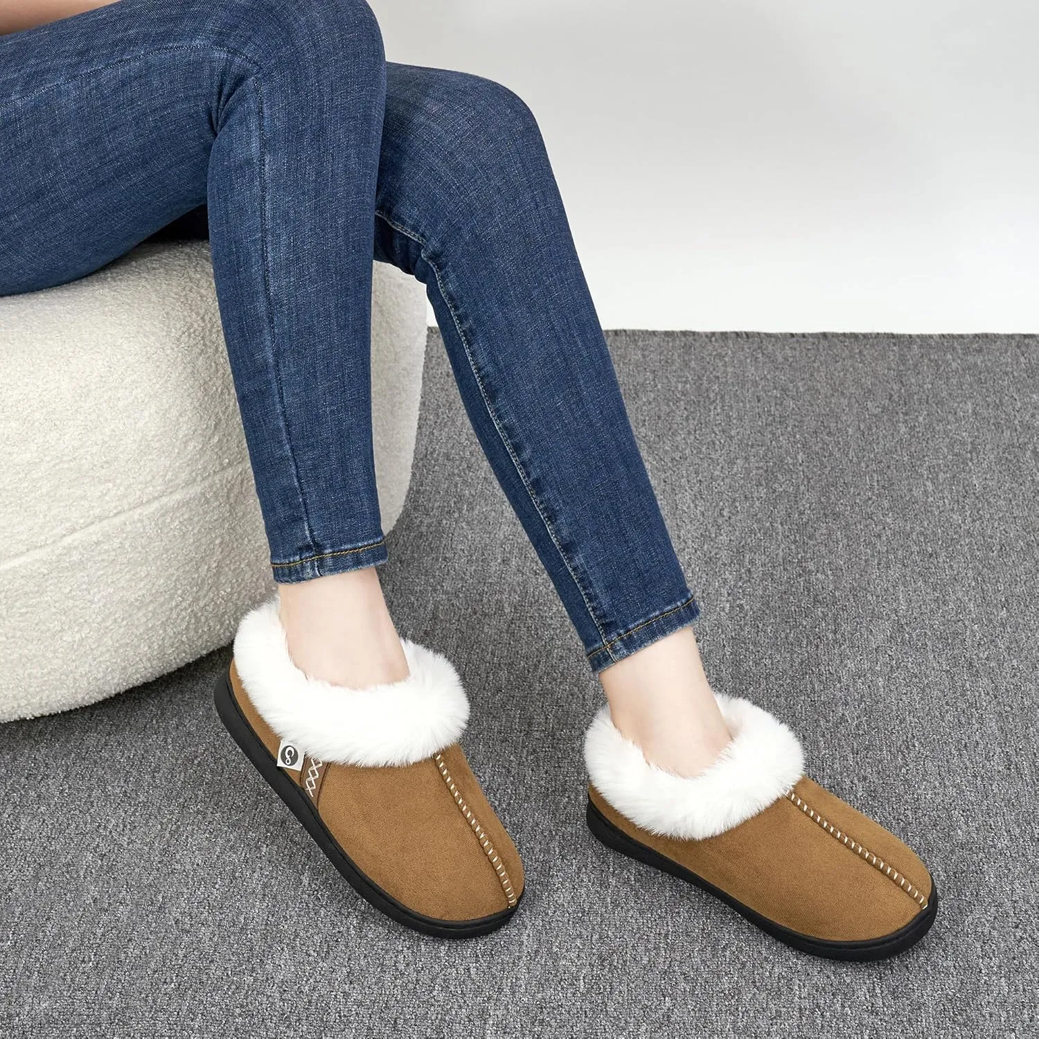 Ablanczoom Slippers for Women House Shoes: Comfy Memory Foam Slippers with Fuzzy Faux Fur Collar Non-skid Rubber Sole Indoor/Outdoor
