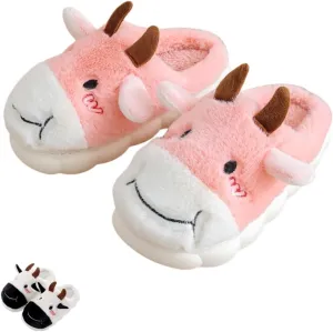 Adorable 3D Bicolor Cow Slides for Women and Couples Thickened and Furry Cotton Indoor and Outdoor Autumn and Winter