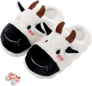 Adorable 3D Bicolor Cow Slides for Women and Couples Thickened and Furry Cotton Indoor and Outdoor Autumn and Winter