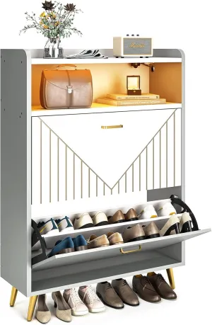 Aheaplus Shoe Cabinet with Flip Doors, Shoes Storage Organizer with Motion Sensor Led Light, Entryway Wood Freestanding Tipping Bucket Shoe Rack with Open Shelves for Closet, Living Room, Grey&White