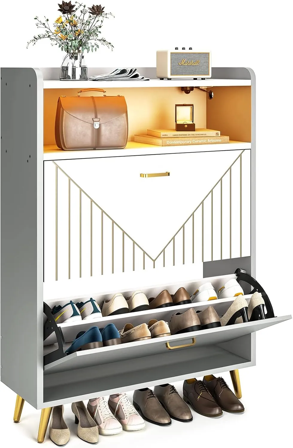 Aheaplus Shoe Cabinet with Flip Doors, Shoes Storage Organizer with Motion Sensor Led Light, Entryway Wood Freestanding Tipping Bucket Shoe Rack with Open Shelves for Closet, Living Room, Grey&White