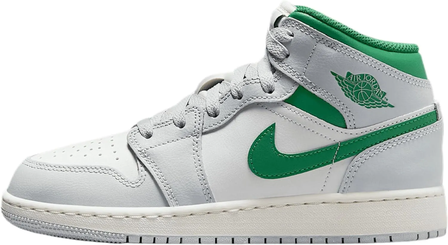 Air Jordan 1 Mid Big Kids' Shoes (DQ8423-142, Summit White/Pure Platinum/Sail/Pine Green) Size 6