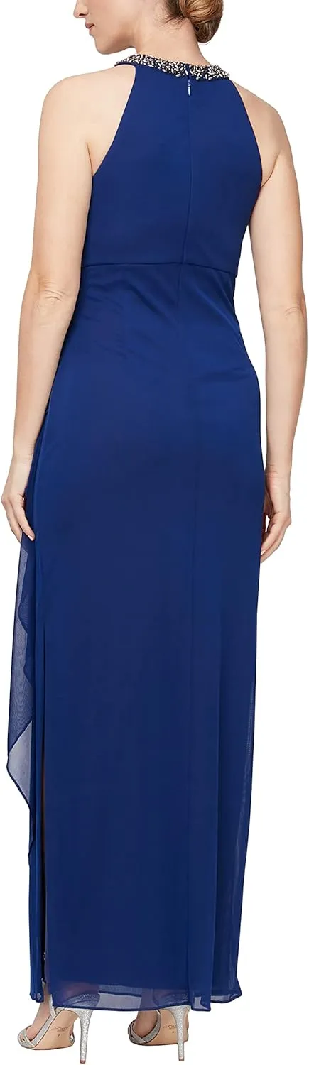 Alex Evenings Women's Long Formal Stretch Mesh Beaded Halter Neck Dress