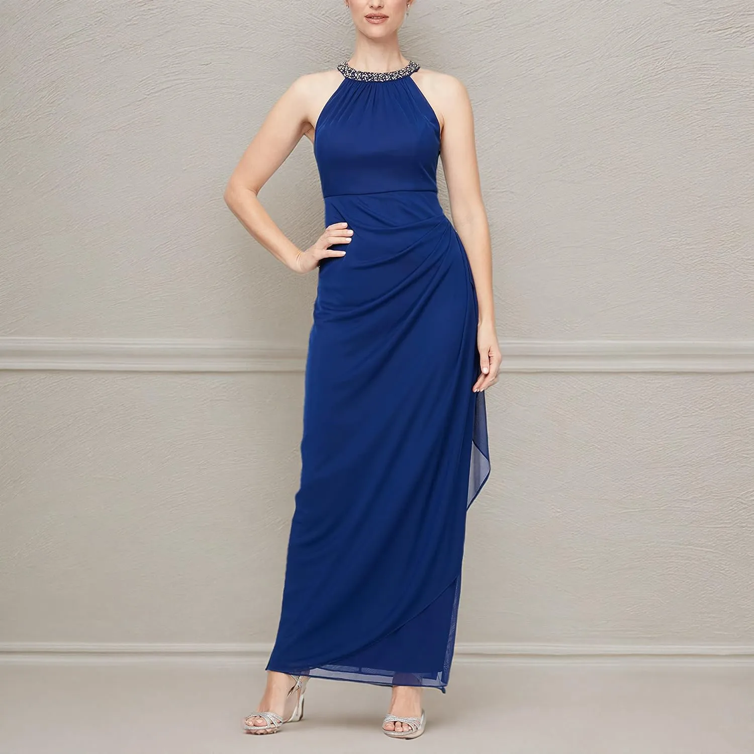 Alex Evenings Women's Long Formal Stretch Mesh Beaded Halter Neck Dress