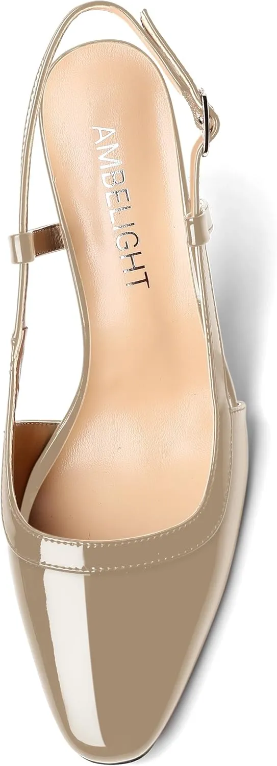 AMBELIGHT Womens Square Toe Buckle Office Slingback Dress Patent Stiletto High Heel Pumps Shoes 3.3 Inch