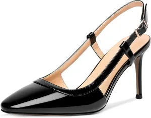 AMBELIGHT Womens Square Toe Buckle Office Slingback Dress Patent Stiletto High Heel Pumps Shoes 3.3 Inch