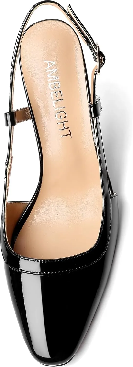 AMBELIGHT Womens Square Toe Buckle Office Slingback Dress Patent Stiletto High Heel Pumps Shoes 3.3 Inch