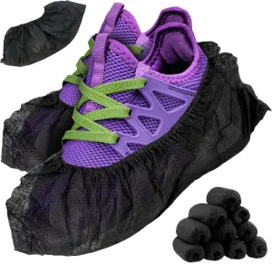 AMZ Medical Supply Black Disposable Shoe Covers for Indoors, 16 x 6 Inch. Pack of 100 PP 35 GSM Shoe Covers Disposable Non Slip. Disposable Boot Covers Waterproof with Secure Elastic, Seamless Bottom