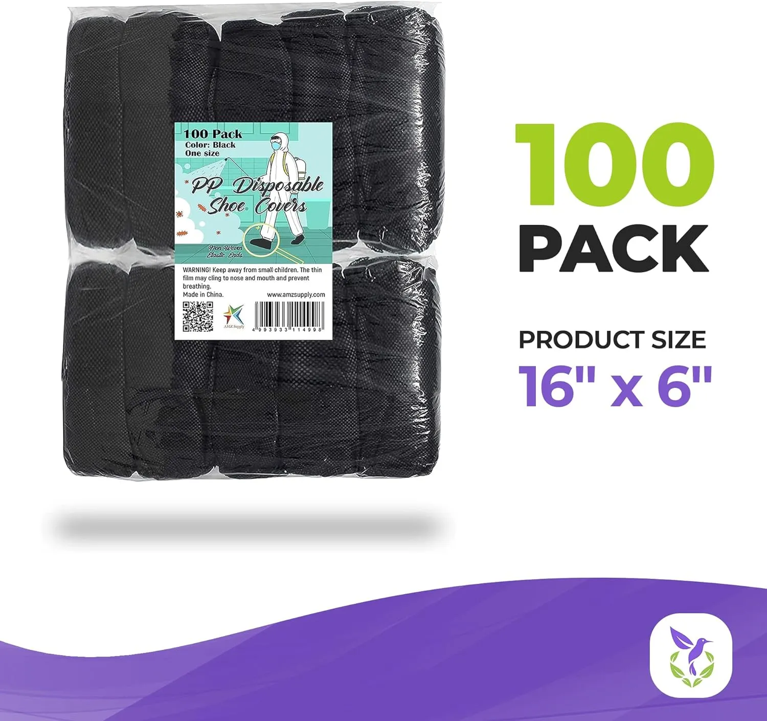 AMZ Medical Supply Black Disposable Shoe Covers for Indoors, 16 x 6 Inch. Pack of 100 PP 35 GSM Shoe Covers Disposable Non Slip. Disposable Boot Covers Waterproof with Secure Elastic, Seamless Bottom
