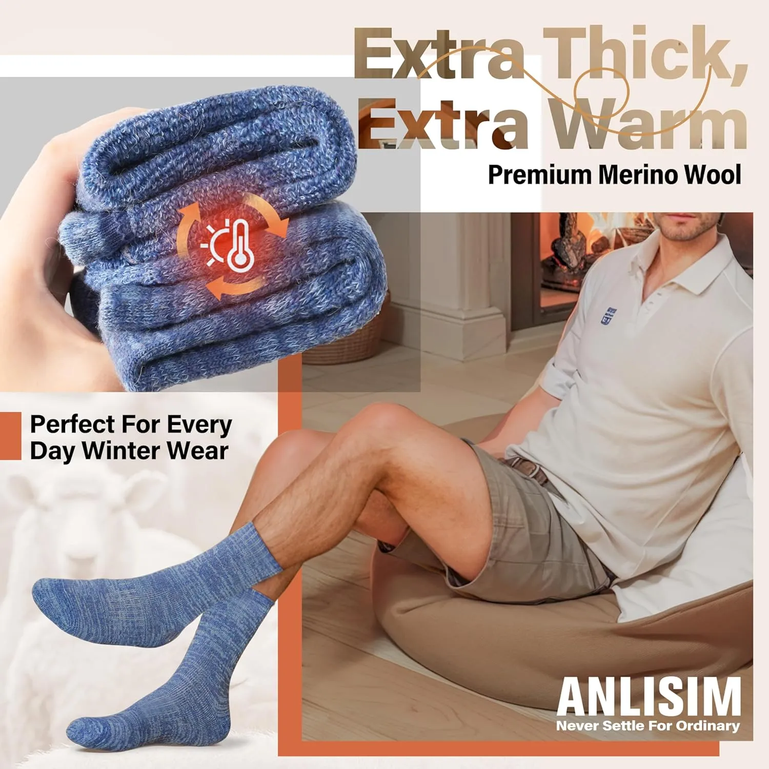 Anlisim Merino Wool Warm Boot Hiking Socks Thermal Extra Thick Winter Cozy Crew Comfy Cushioning Work Women Men Socks 4 Pairs
