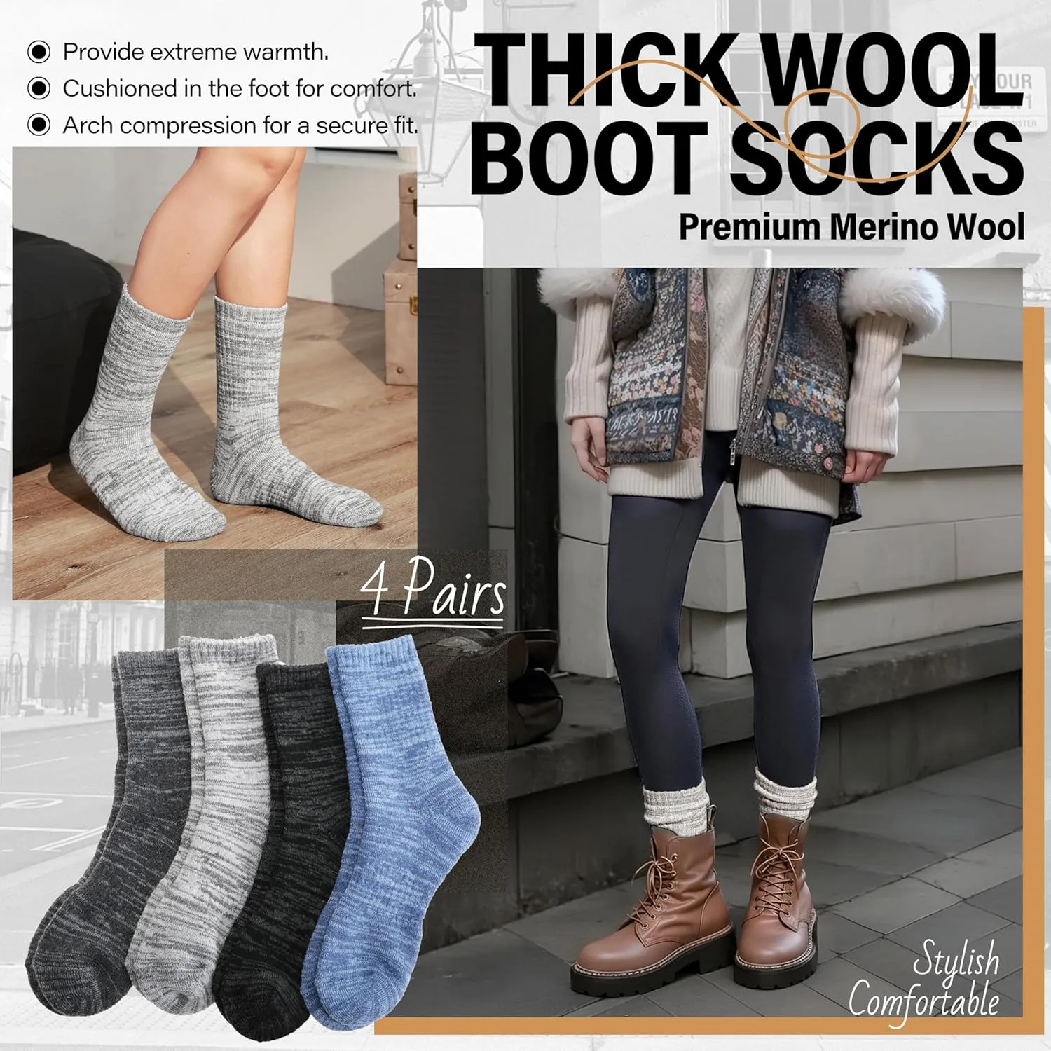 Anlisim Merino Wool Warm Boot Hiking Socks Thermal Extra Thick Winter Cozy Crew Comfy Cushioning Work Women Men Socks 4 Pairs