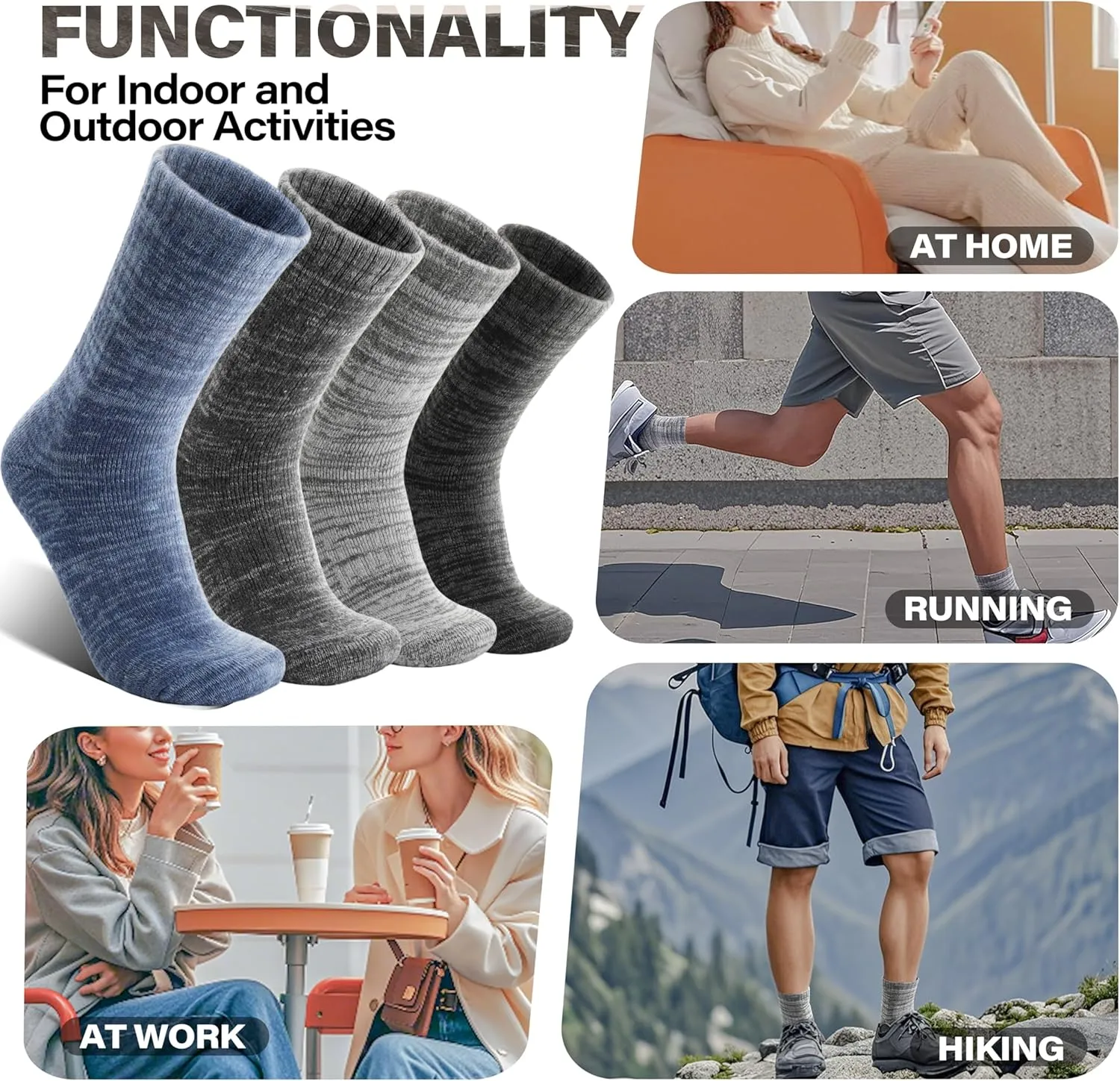 Anlisim Merino Wool Warm Boot Hiking Socks Thermal Extra Thick Winter Cozy Crew Comfy Cushioning Work Women Men Socks 4 Pairs