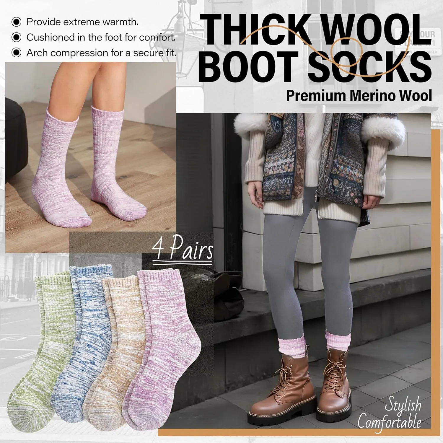 Anlisim Merino Wool Warm Boot Hiking Socks Thermal Extra Thick Winter Cozy Crew Comfy Cushioning Work Women Men Socks 4 Pairs
