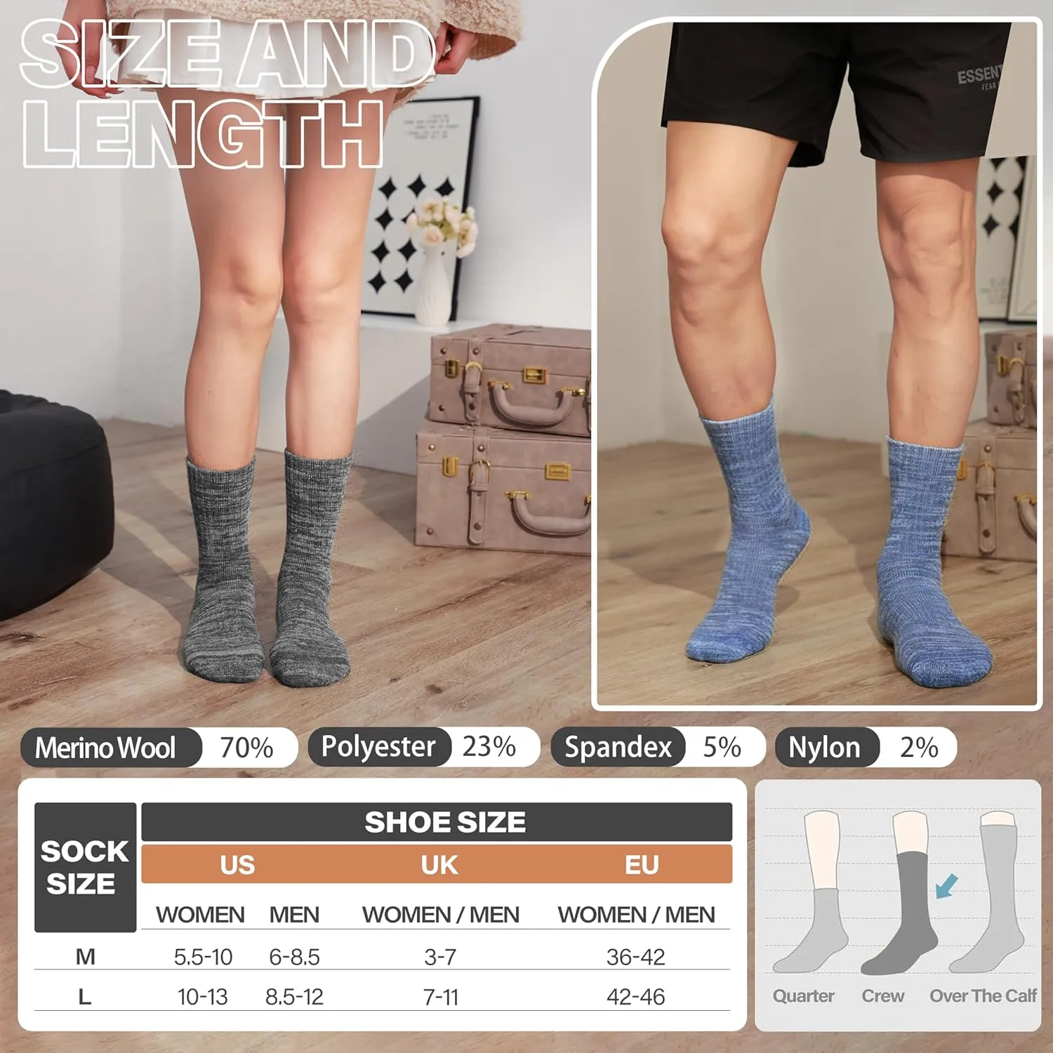 Anlisim Merino Wool Warm Boot Hiking Socks Thermal Extra Thick Winter Cozy Crew Comfy Cushioning Work Women Men Socks 4 Pairs